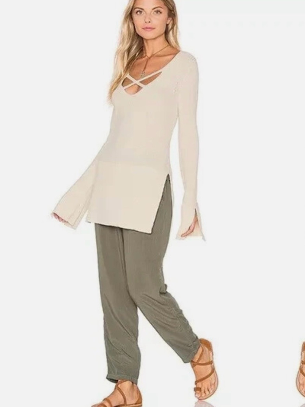 Free People Cream Criss Cross V-Neck Tunic Sweater Bell Sleeve Size Small